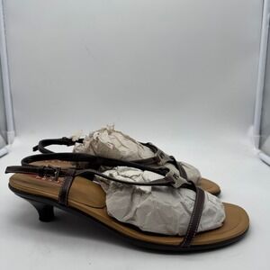 Prada Vintage Metal Triangle Logo Slingback Kitten Heel Sandals in Brown Leather